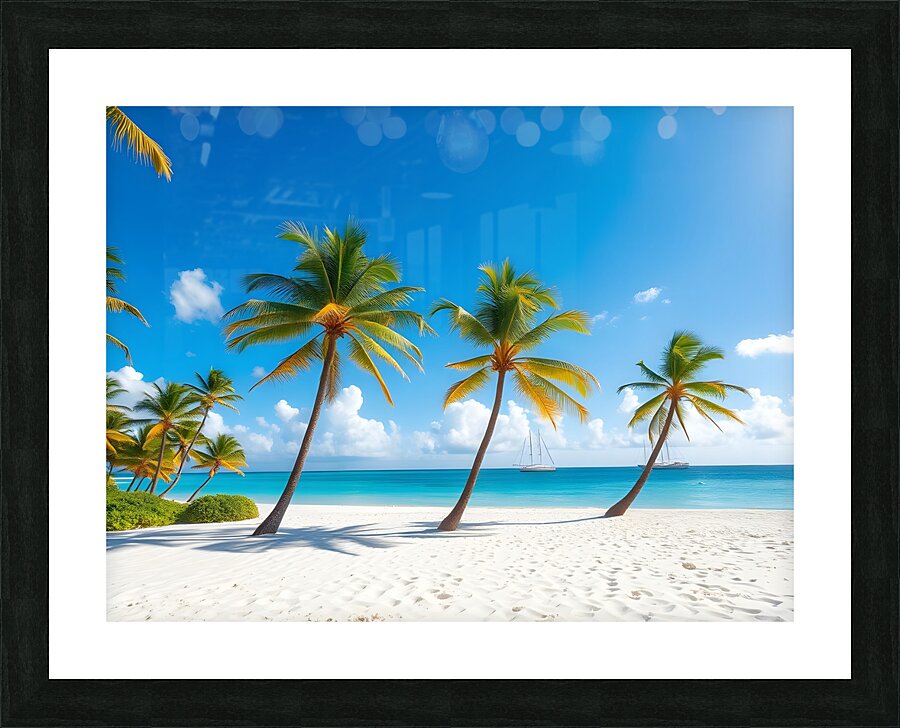 Tropical Paradise: White Sand Beach with Swaying Palm Trees and Yachts Picture Frame print