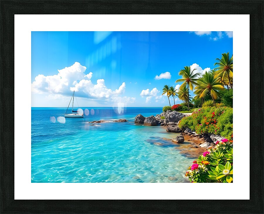 Tropical Paradise with Turquoise Waters Palm Trees and a Sailing Yacht Picture Frame print