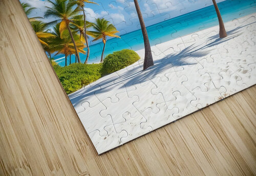Tropical Paradise: White Sand Beach with Swaying Palm Trees and Yachts Carole Bally puzzle