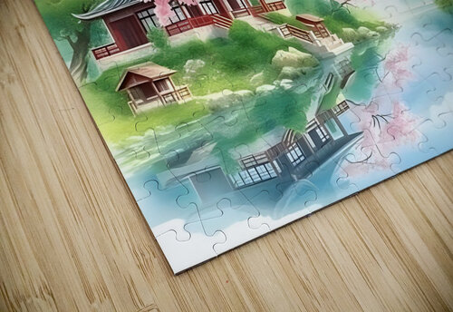 Tranquil Japanese Garden with Cherry Blossoms and Mountain Lake Carole Bally puzzle