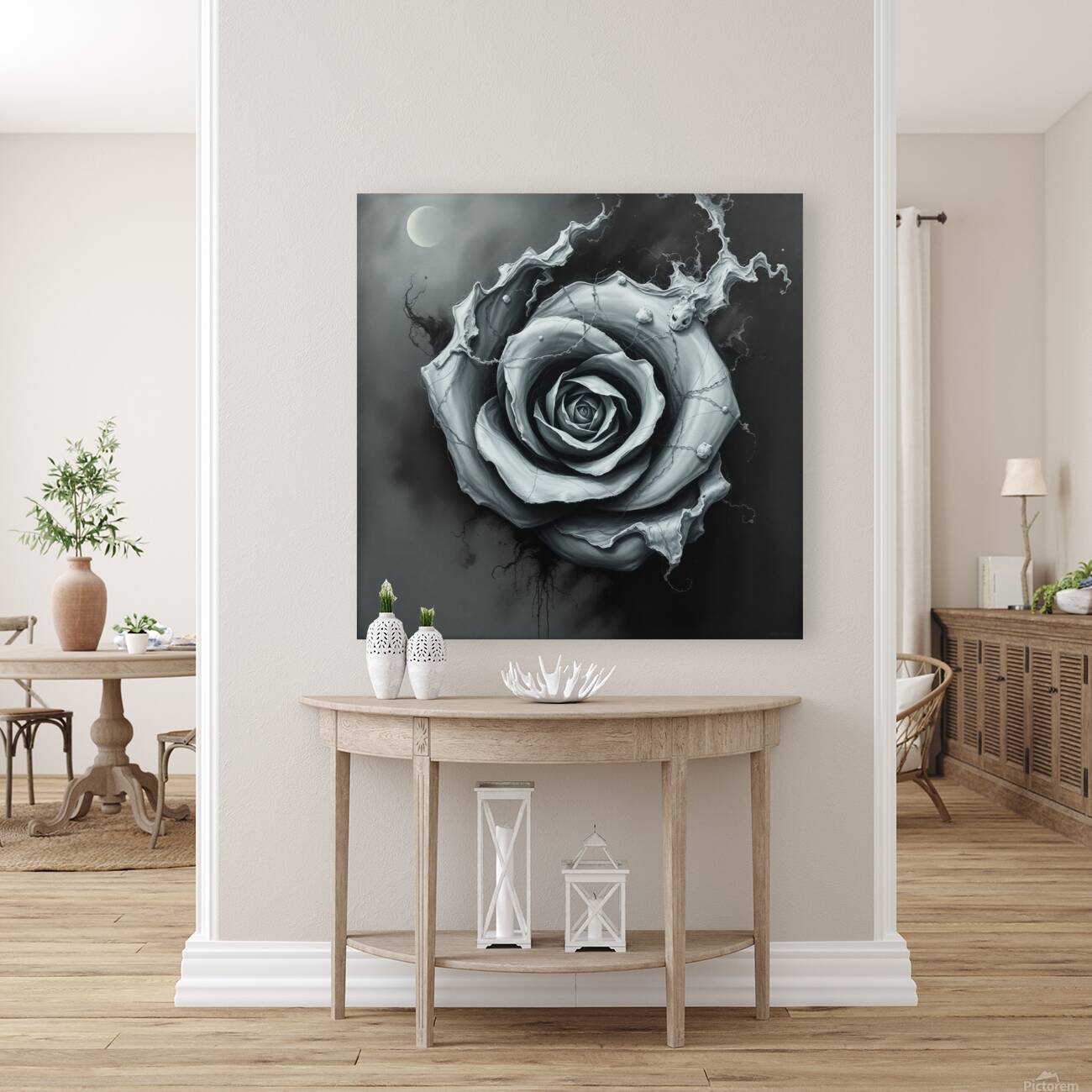Surreal Monochrome Rose – Dark Abstract Fantasy Art Reproduction