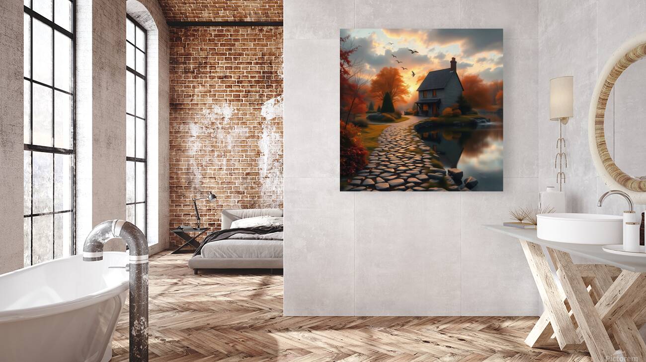 Idyllic Autumn Cottage by the Stream – Dreamlike Sunset Landscape Reproduction