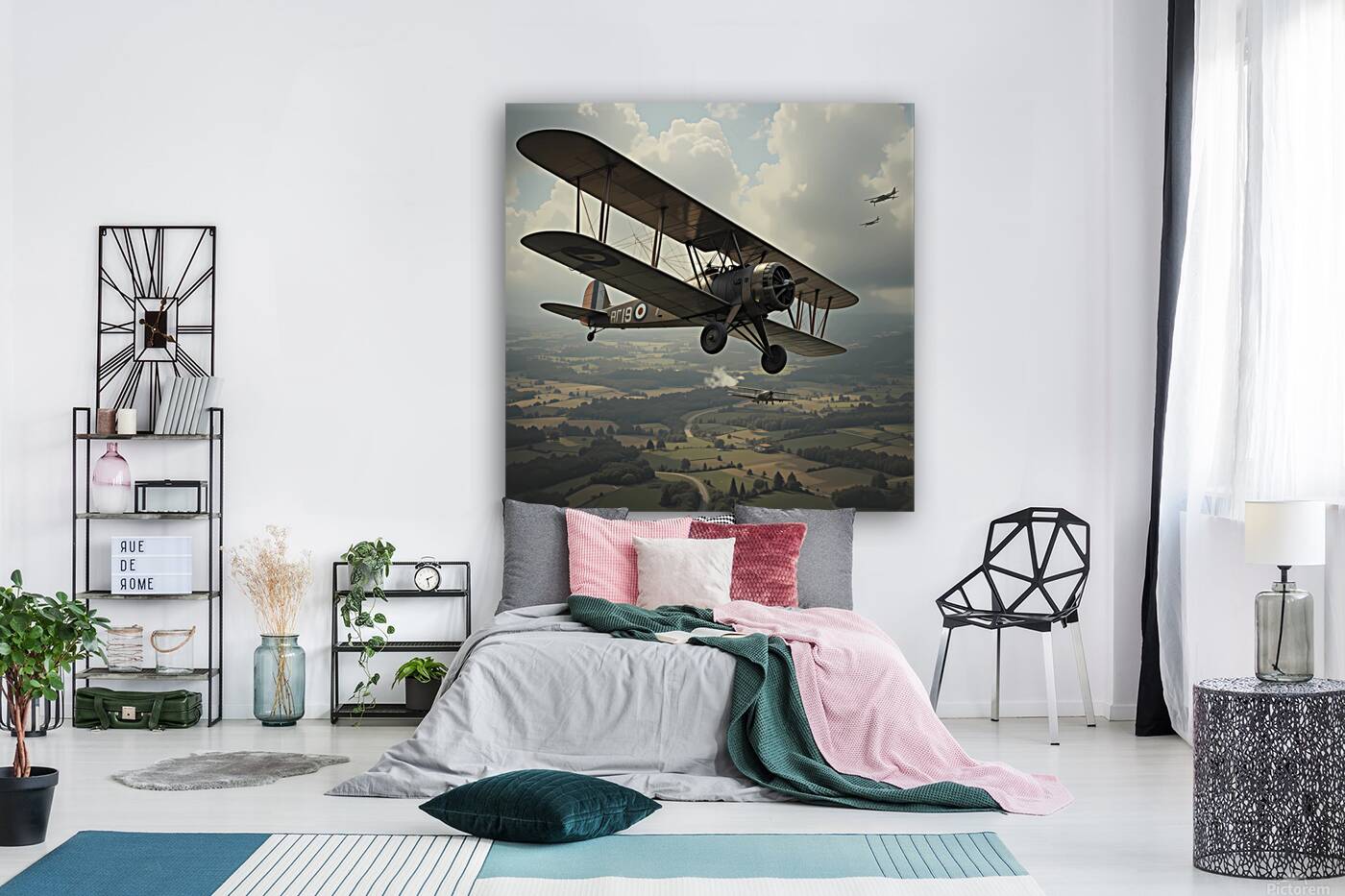 Vintage World War II Biplane Squadron in Flight Reproduction