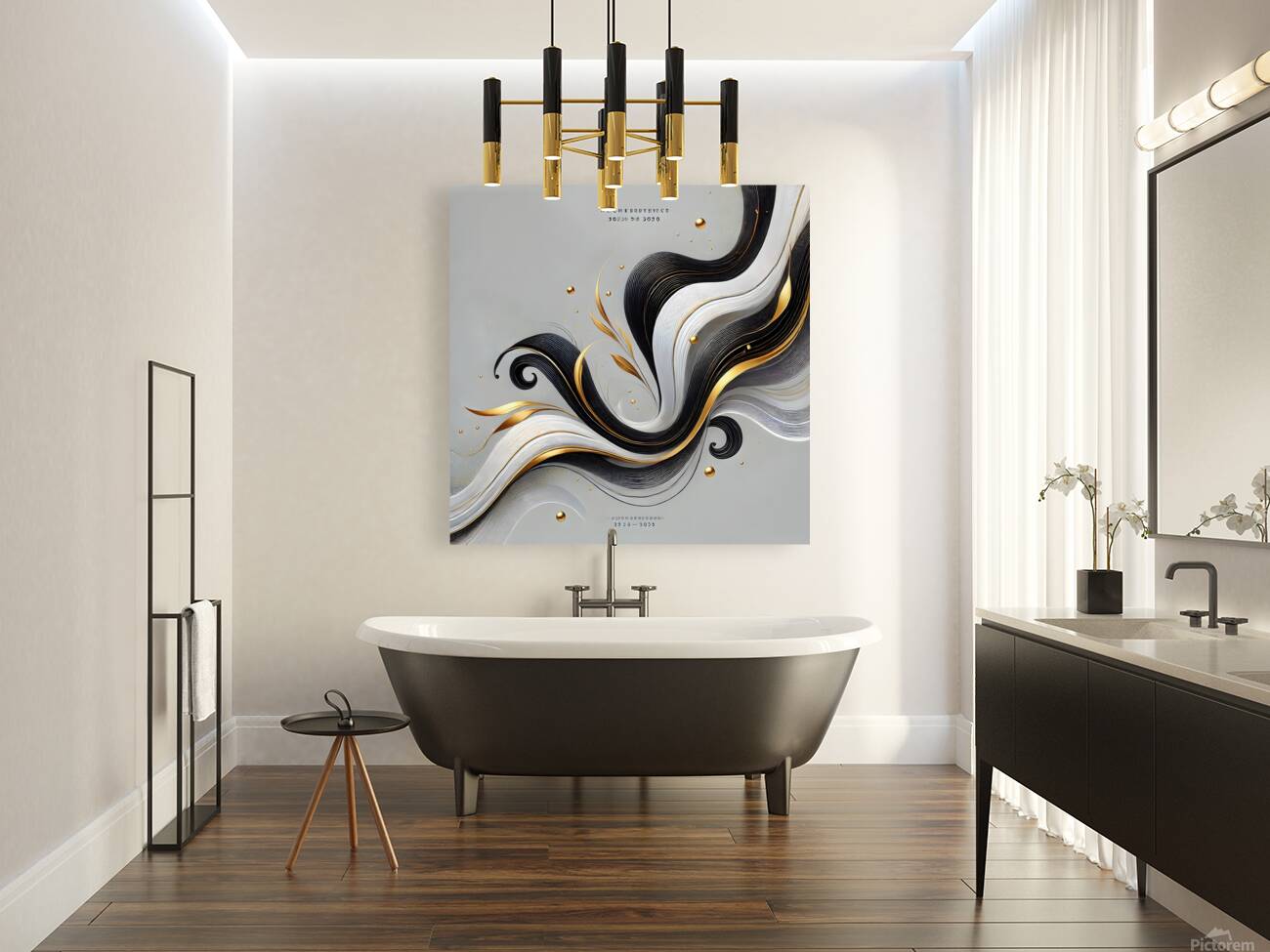 Elegant Abstract Fluid Art – Black White & Gold Flowing Design Reproduction