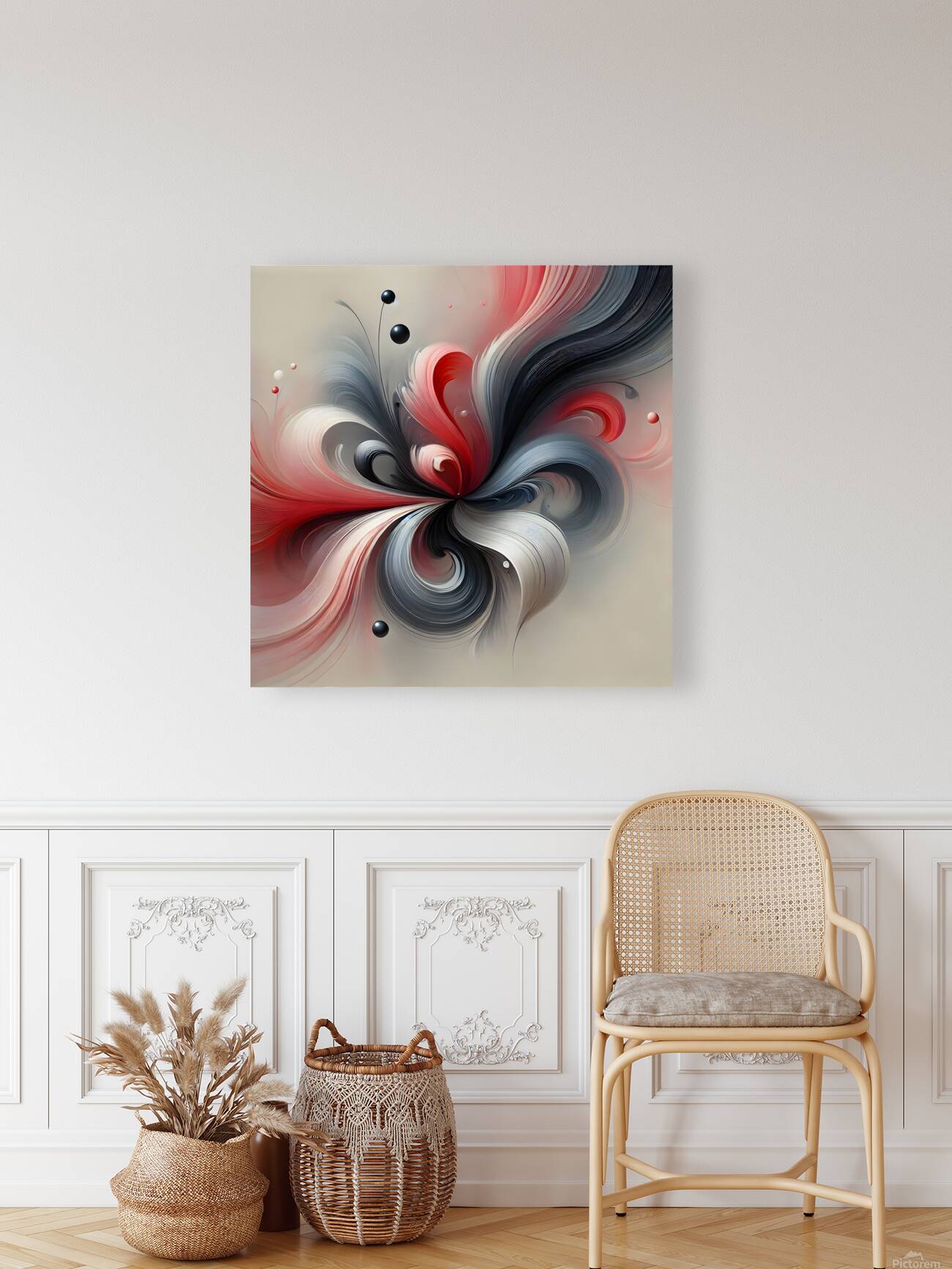  Abstract Floral Art – Red Gray & Black Swirling Fluid Painting Reproduction