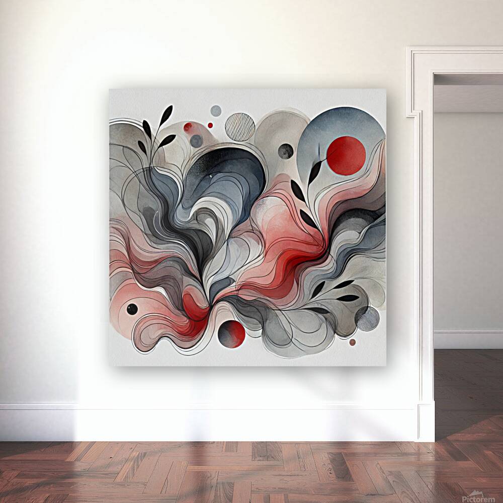 Modern Abstract Painting with Red Black and Gray Fluid Shapes Reproduction