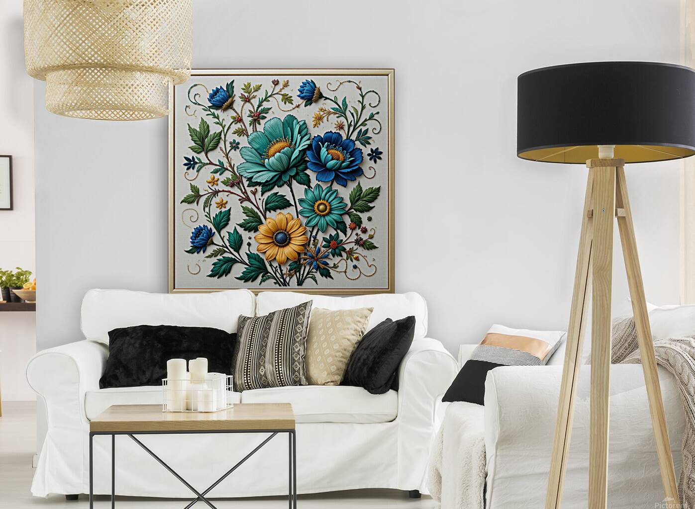 Exquisite Hand-Embroidered Floral Artwork – Vibrant Botanical Textile Art Reproduction