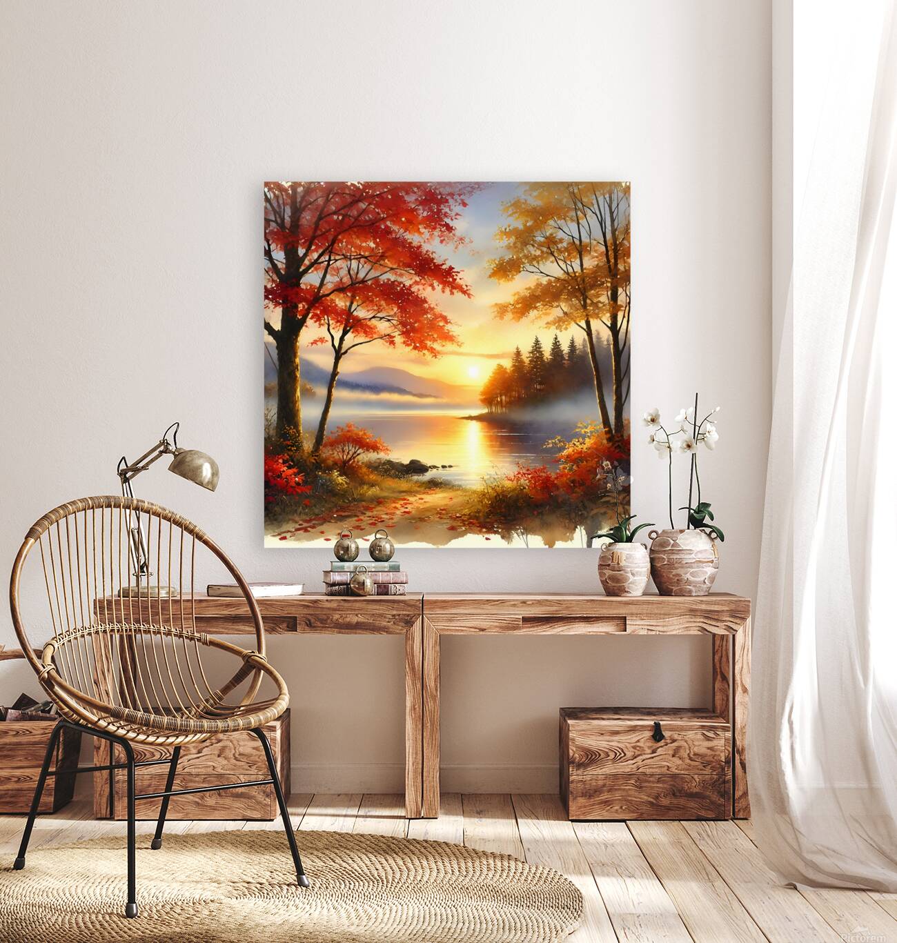 Tranquil Autumn Sunrise Over a Misty Lake Reproduction