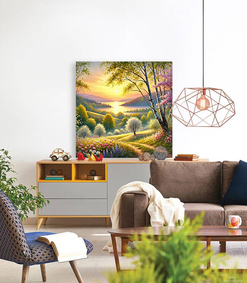 Serene Spring Sunset Over a Blooming Landscape Reproduction