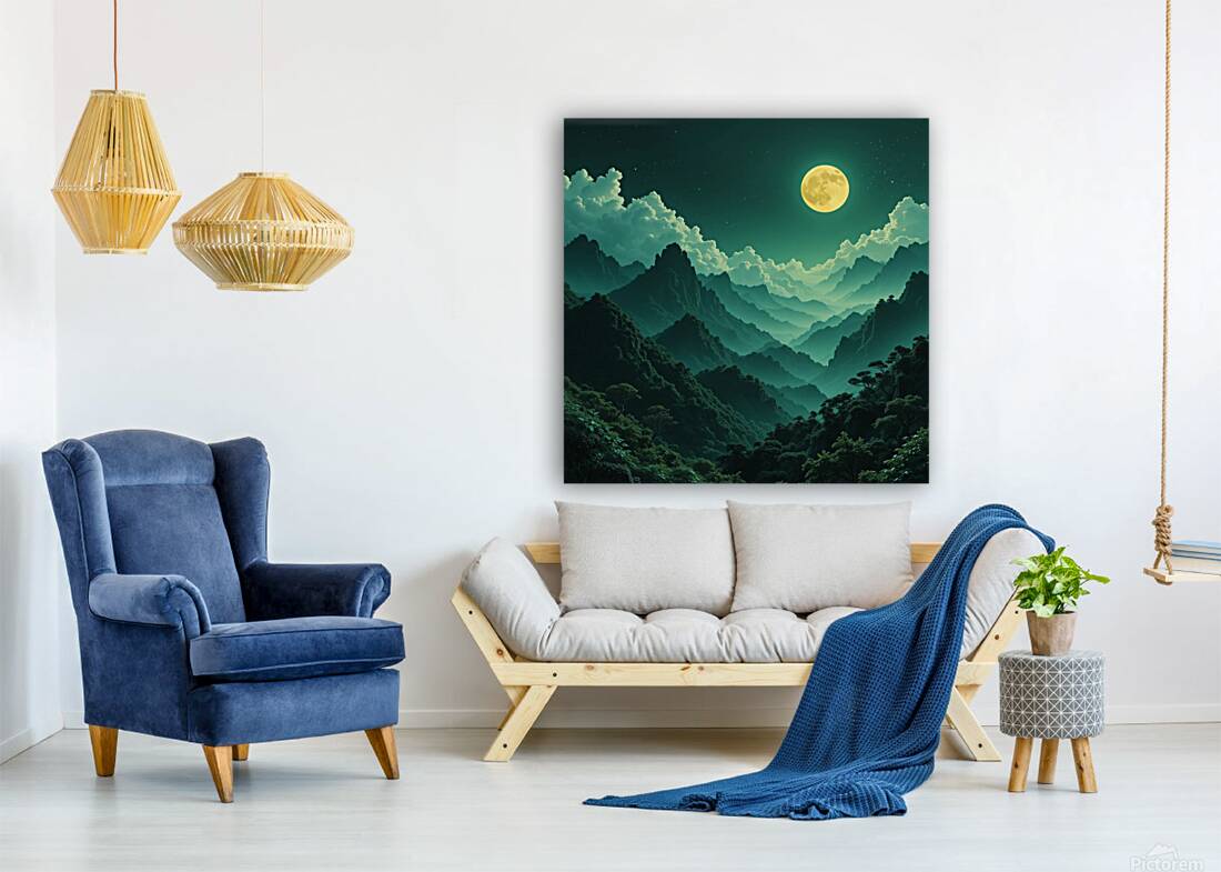 Mystical Full Moon Over a Majestic Mountain Landscape at Night Reproduction