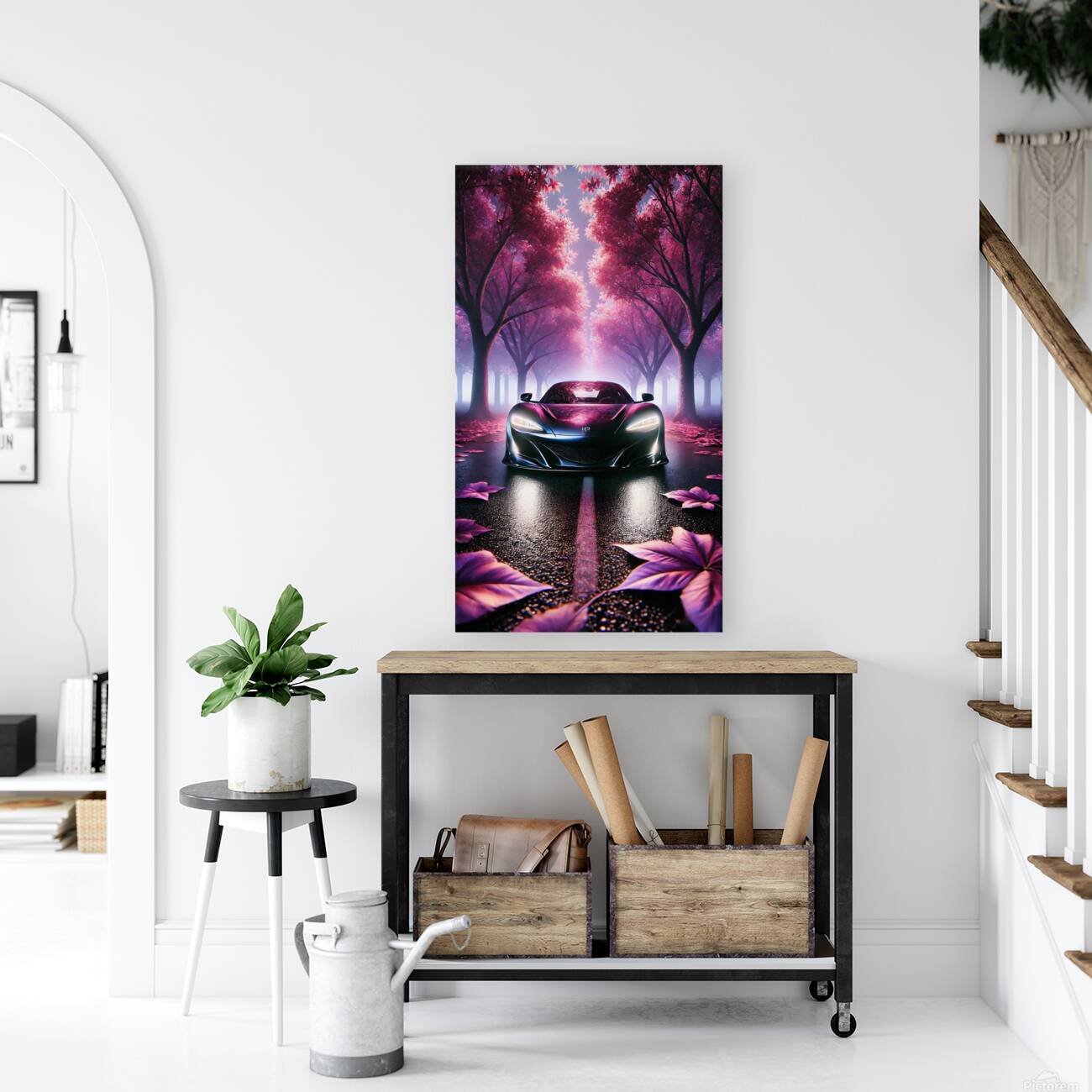 Luxury Supercar in a Dreamy Pink Forest – Stunning Night Drive Reproduction