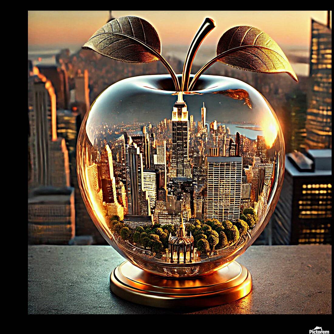 Golden Apple of New York – A Surreal Cityscape Reflection Reproduction