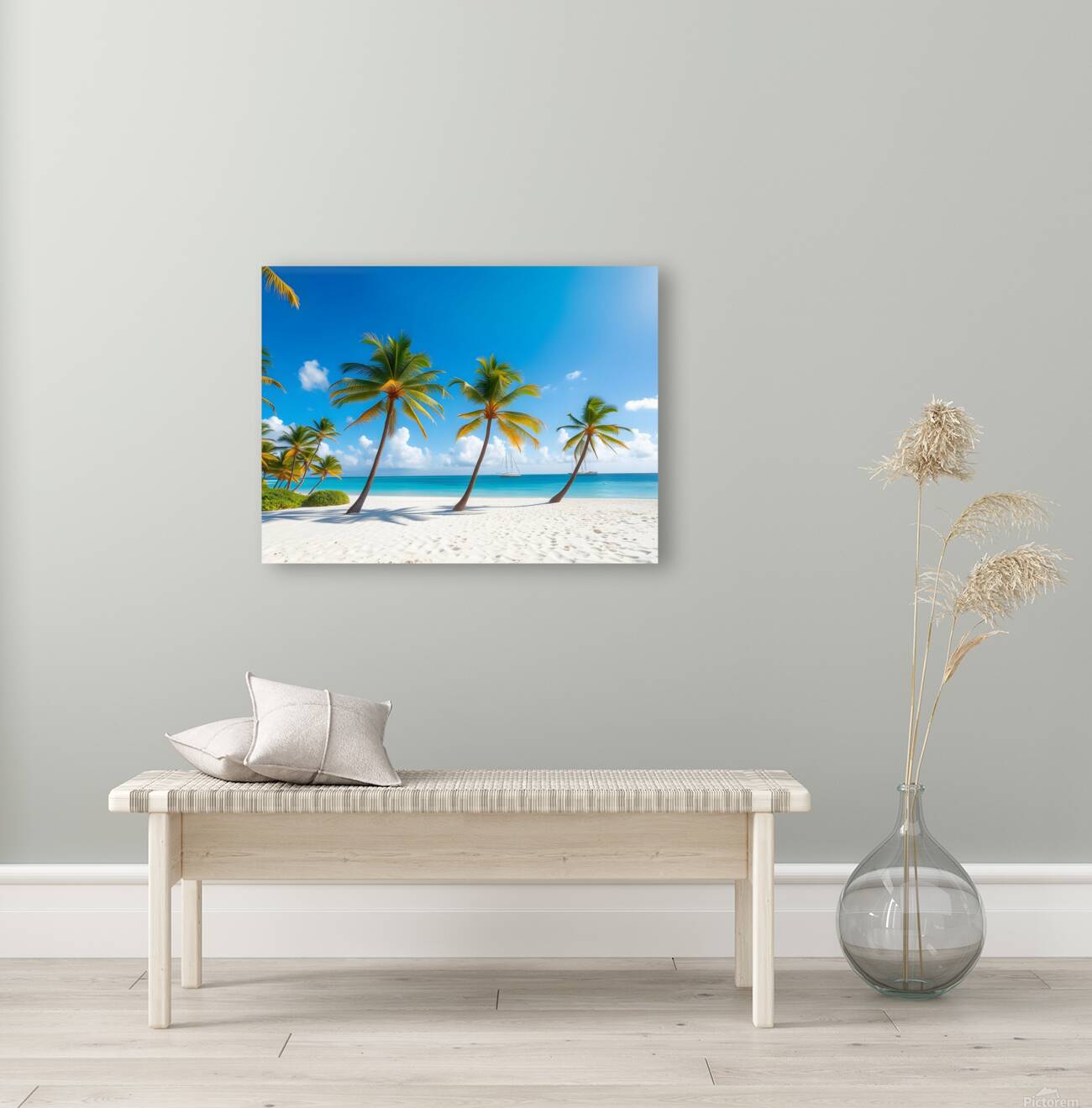 Tropical Paradise: White Sand Beach with Swaying Palm Trees and Yachts Reproduction