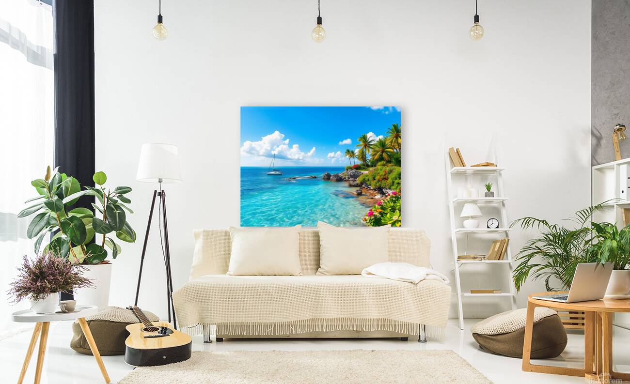 Tropical Paradise with Turquoise Waters Palm Trees and a Sailing Yacht Reproduction