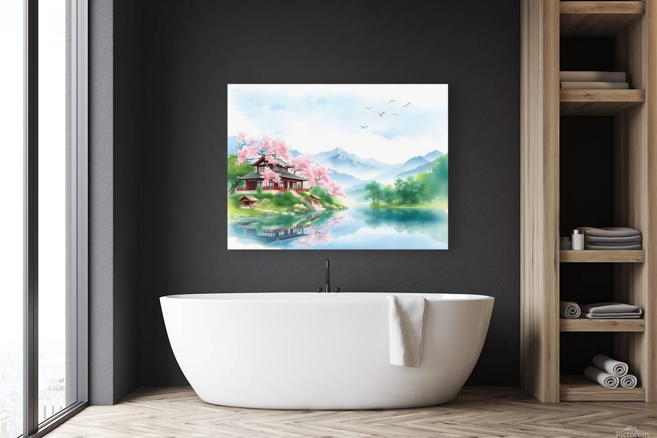 Tranquil Japanese Garden with Cherry Blossoms and Mountain Lake Reproduction