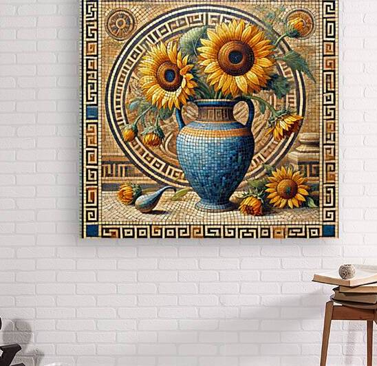 Ancient Greek Mosaic Art – Sunflowers in a Blue Vase by Carole Bally