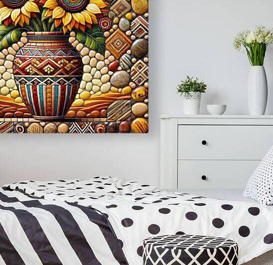 Vibrant Mosaic Art of Sunflowers in a Tribal-Inspired Ceramic Vase by Carole Bally