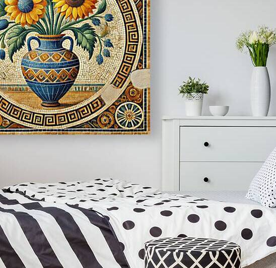 Greek-Inspired Sunflower Mosaic with Ornate Blue Vase by Carole Bally