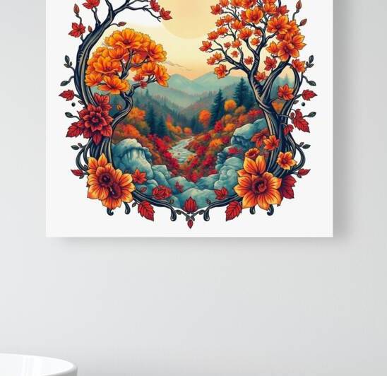 Enchanting Autumn Landscape with Ornamental Floral Frame by Carole Bally
