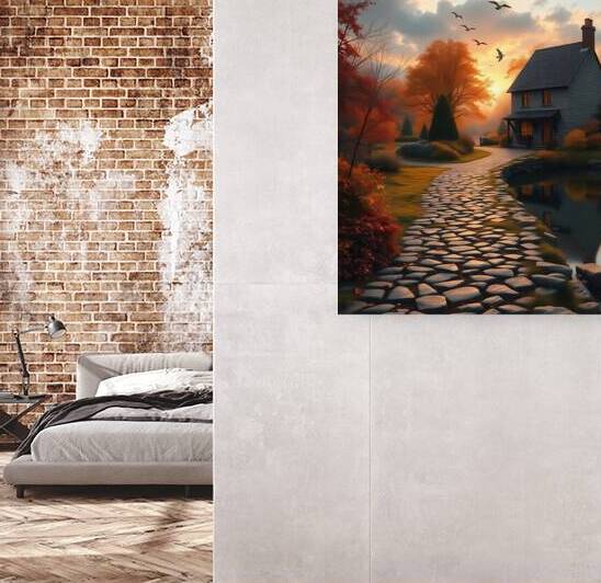 Idyllic Autumn Cottage by the Stream – Dreamlike Sunset Landscape by Carole Bally