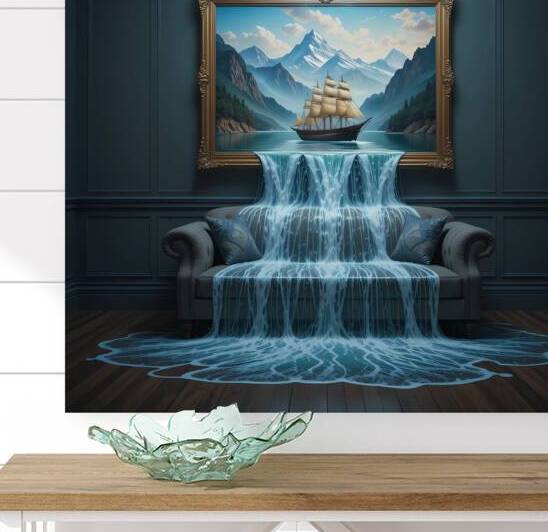 Surreal Waterfall Painting – A Ship Sailing Beyond Reality by Carole Bally