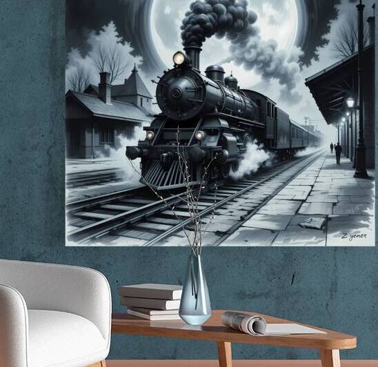 Mysterious Steam Train Under a Full Moon – Vintage Noir Railway Art by Carole Bally