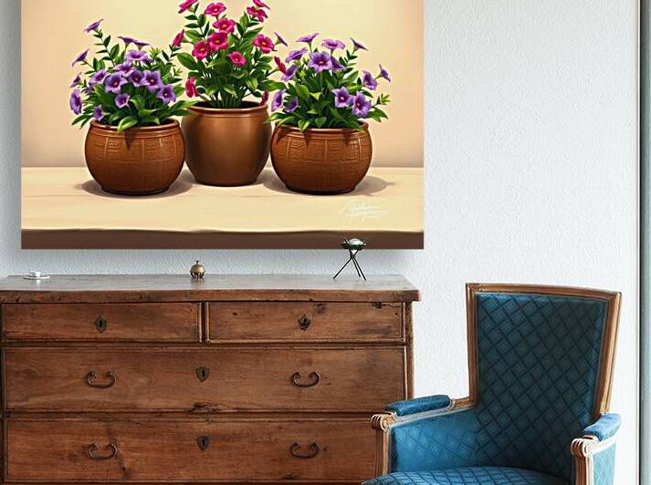 Colorful Petunia Arrangement in Decorative Pots by Carole Bally