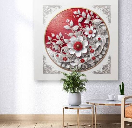 Elegant Floral Paper Cut Art – Luxurious Red & White Decorative Design by Carole Bally