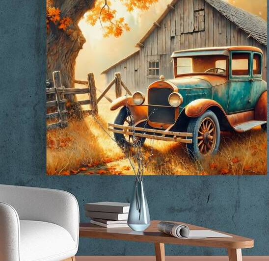 Vintage Car in Autumn Countryside – A Timeless Rustic Scene by Carole Bally
