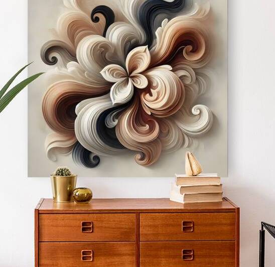 Elegant Abstract Floral Painting – Beige Brown & Black Swirling Artwork by Carole Bally