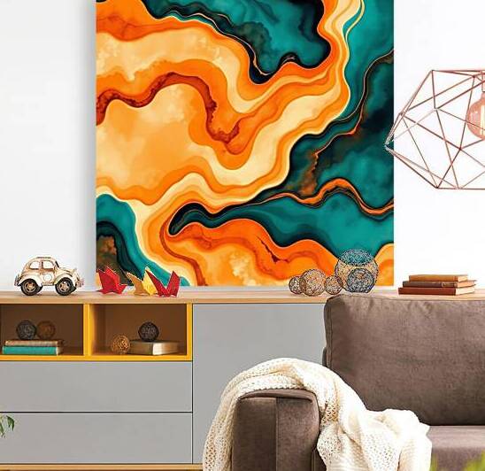 Aerial Fluid Art – Vibrant Abstract Landscape in Teal and Orange by Carole Bally