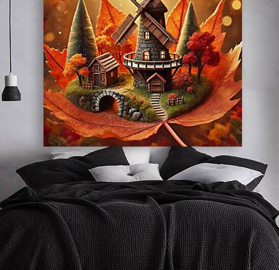Enchanting Autumn Windmill Miniature in a Golden Leaf by Carole Bally