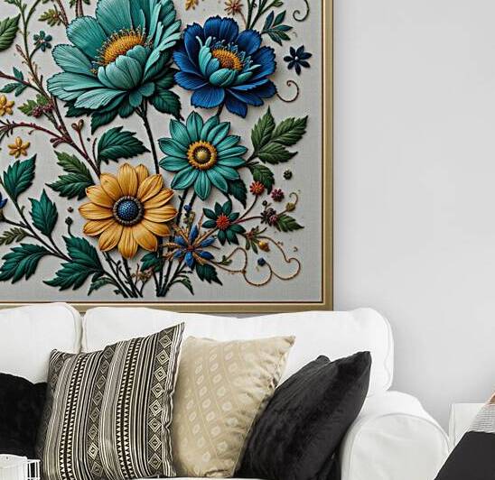 Exquisite Hand-Embroidered Floral Artwork – Vibrant Botanical Textile Art by Carole Bally