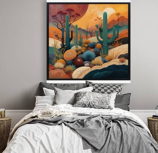Vibrant Desert Landscape with Cacti and Colorful Flora by Carole Bally