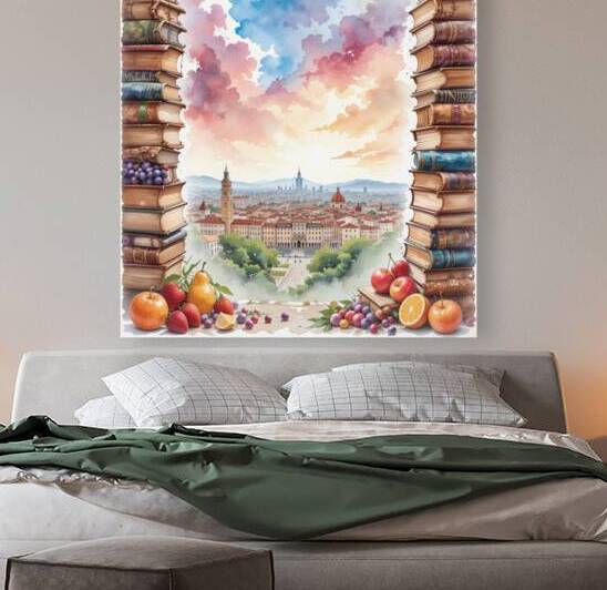 Literary Escape: A Picturesque City Framed by Stacks of Books and Fruits by Carole Bally