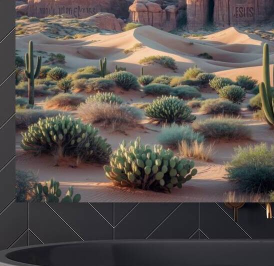Majestic Desert Landscape with Cacti and Sand Dunes by Carole Bally