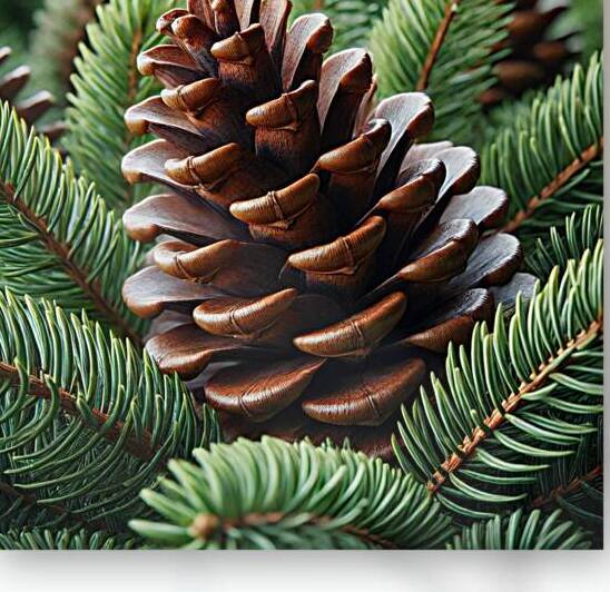 Close-Up of a Pine Cone Among Lush Evergreen Branches by Carole Bally