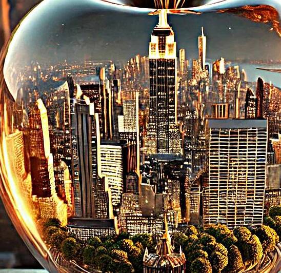 Golden Apple of New York – A Surreal Cityscape Reflection by Carole Bally