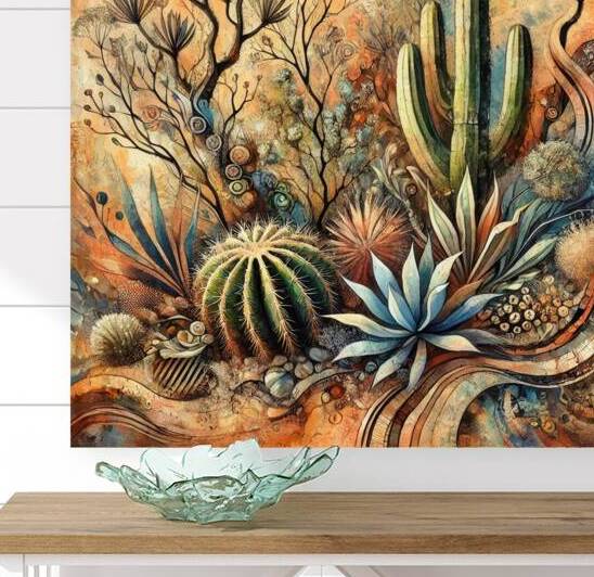 Vibrant Desert Botanical Art – Cactus & Agave in a Surreal Landscape by Carole Bally