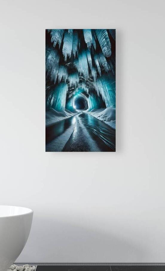 Majestic Ice Cave with Frozen Stalactites and Glacial Reflections by Carole Bally