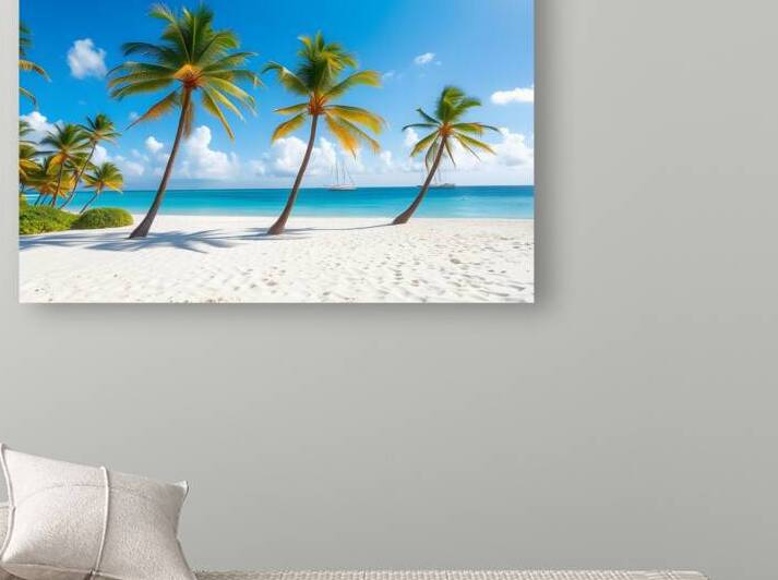 Tropical Paradise: White Sand Beach with Swaying Palm Trees and Yachts by Carole Bally