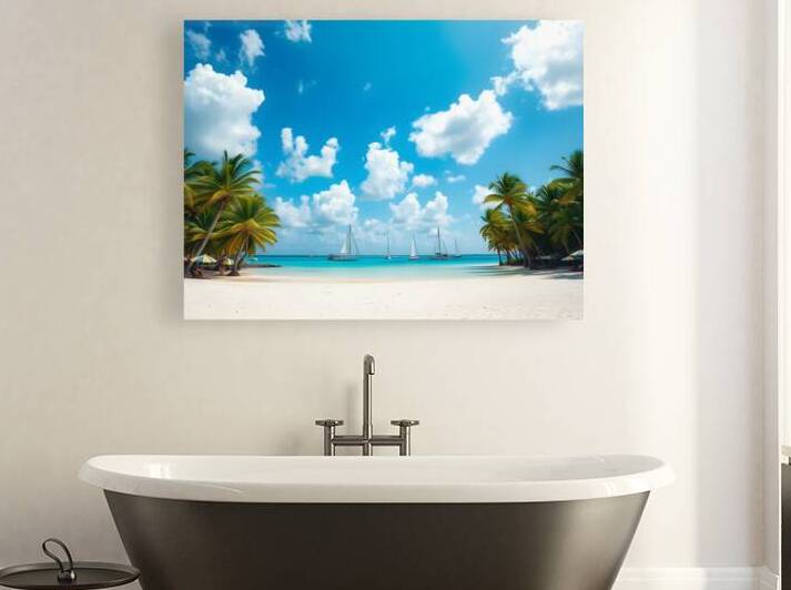 Dreamy Tropical Beach with Palm Trees White Sand and Sailing Yachts by Carole Bally
