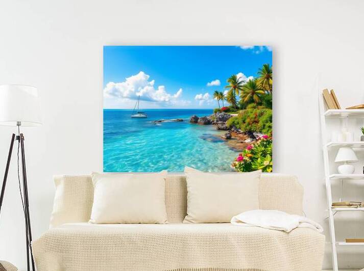 Tropical Paradise with Turquoise Waters Palm Trees and a Sailing Yacht by Carole Bally