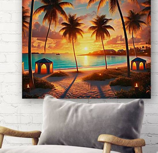 Tropical Paradise: Sunset on a Serene Beach with Palm Trees and Luxury Tents by Carole Bally