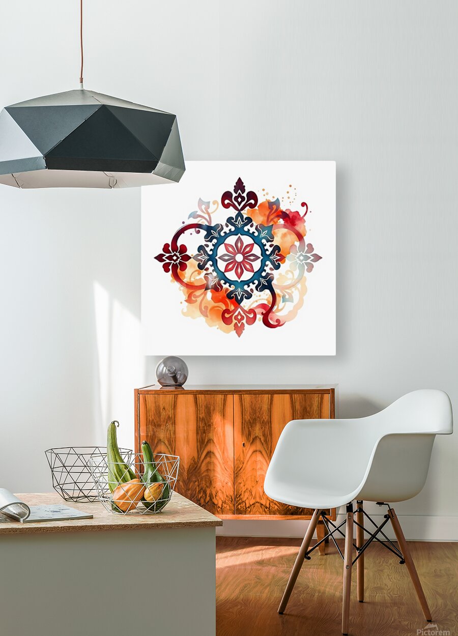 Traditional Ornamental Tattoo Art – Elegant Abstract Design in Burgundy and  HD Metal print with Floating Frame on Back