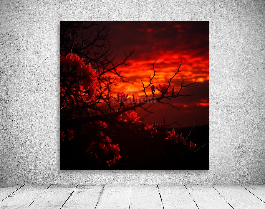 Dramatic Sunset with Glowing Red Flowers and Dark Silhouetted Branches Wall Preview