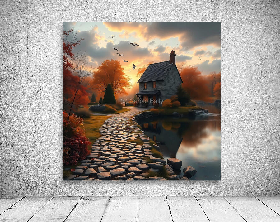 Idyllic Autumn Cottage by the Stream – Dreamlike Sunset Landscape Wall Preview
