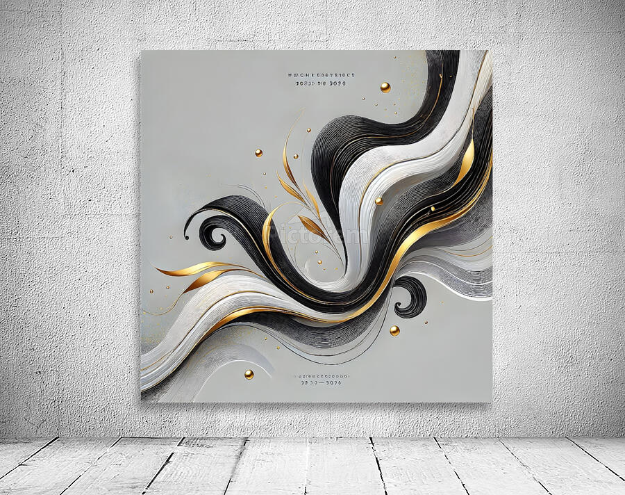 Elegant Abstract Fluid Art – Black White & Gold Flowing Design Wall Preview
