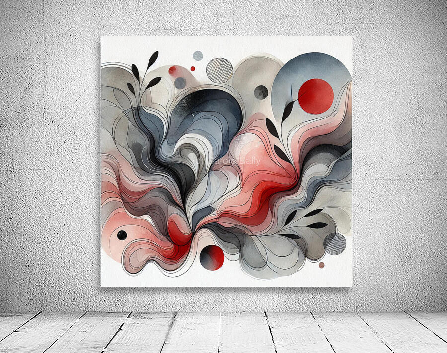 Modern Abstract Painting with Red Black and Gray Fluid Shapes Wall Preview