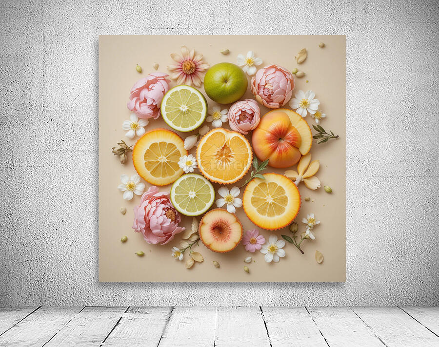 Vibrant Citrus and Floral Flat Lay – Aesthetic Fruit and Flowers Composition Wall Preview